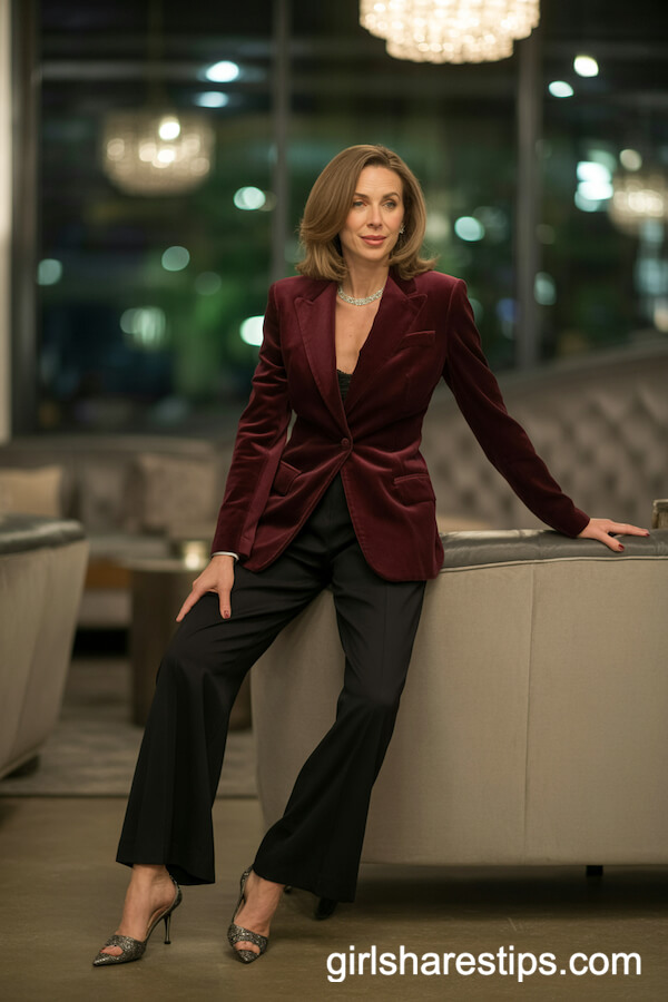 Deep burgundy velvet blazer with black wide-leg pants