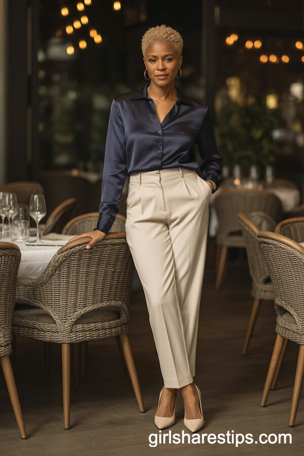 Navy satin blouse with cream high-waisted tailored pants