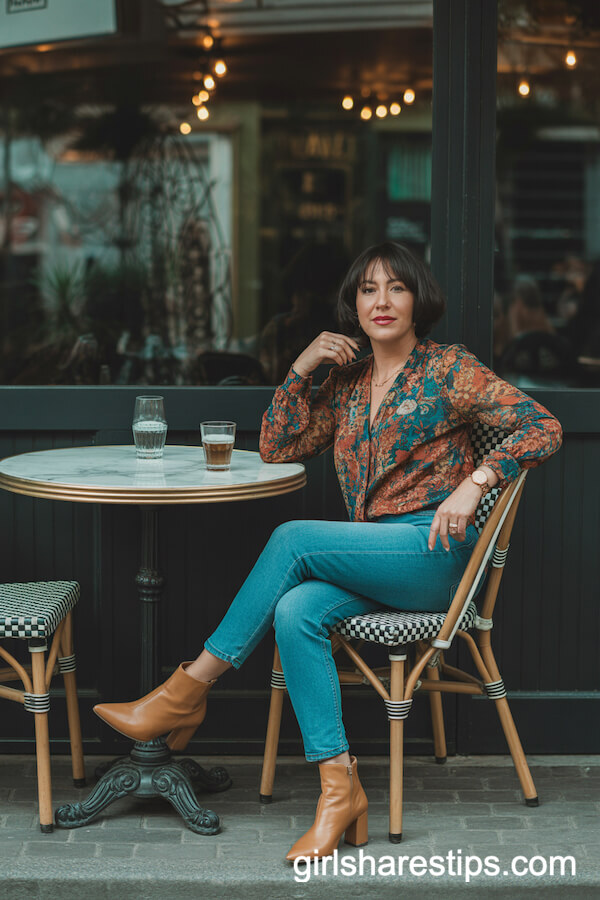 Colorful floral blouse with slim-fit blue jeans