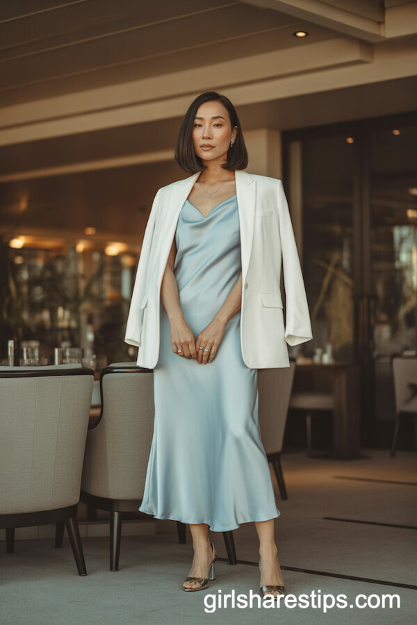 Pale blue slip dress with a white structured blazer
