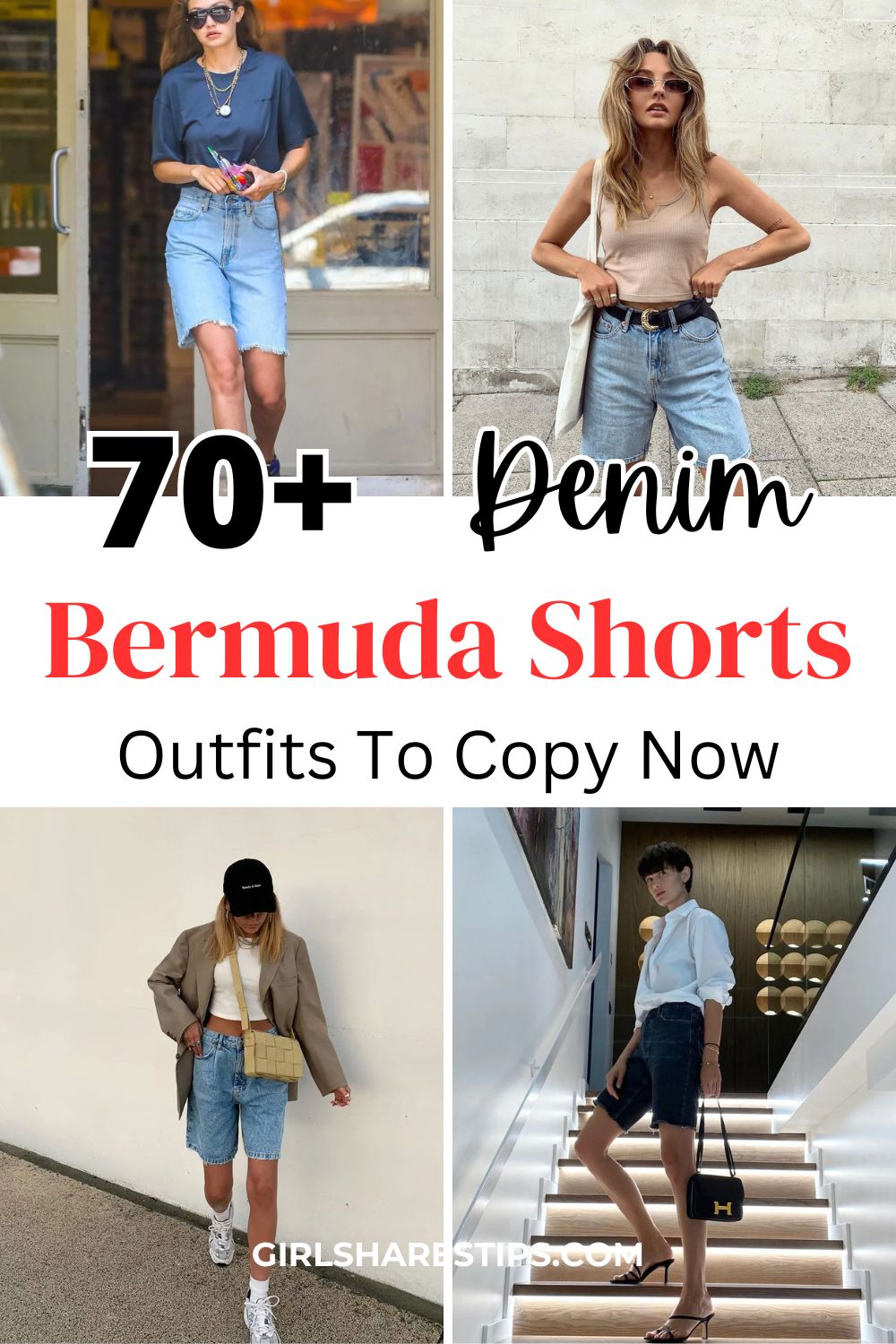 denim Bermuda shorts outfit ideas collage