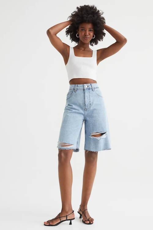 denim Bermuda shorts women outfits