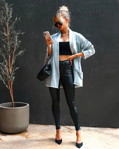chic denim blazer jacket outfit ideas for women