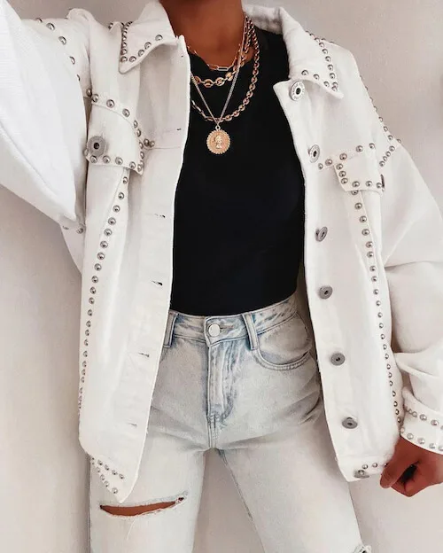 cute white denim jacket outfit ideas for women