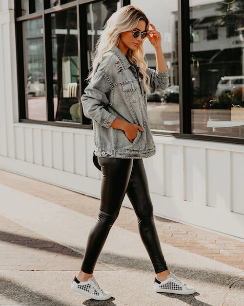 Gal Meets Glam- Gap Denim Jacket, Madewell Leather Pants, Mulberry Bag,  Joie Sneakers - Julia Berolzheimer