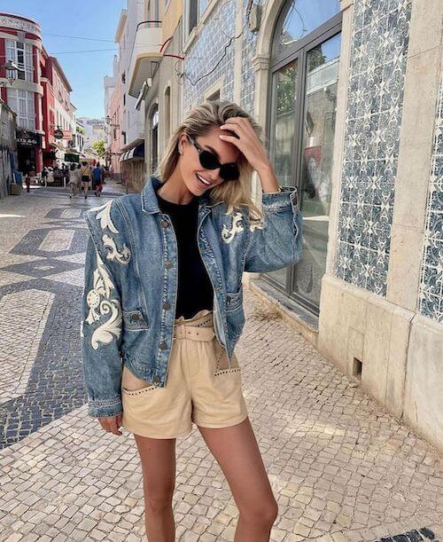 denim jacket with khaki shorts