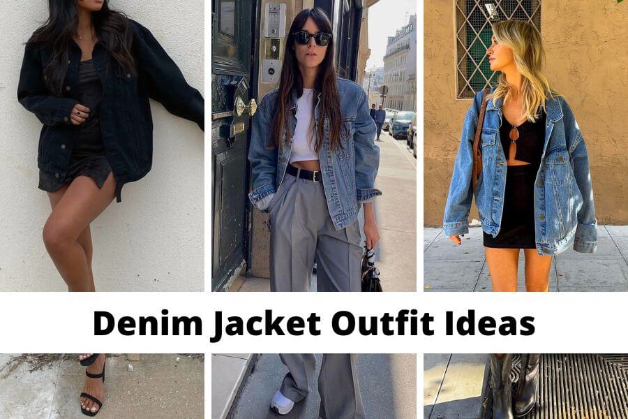 collage of denim jacket outfit ideas for women
