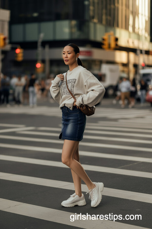 Oversized Sweatshirt with Dark Mini Skirt