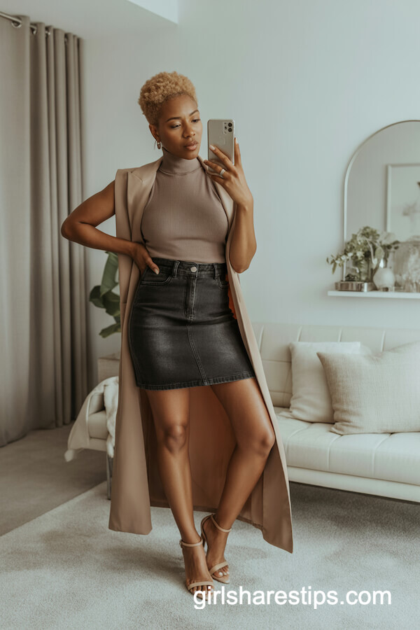 Sleeveless Turtleneck with Off-Black Mini Skirt