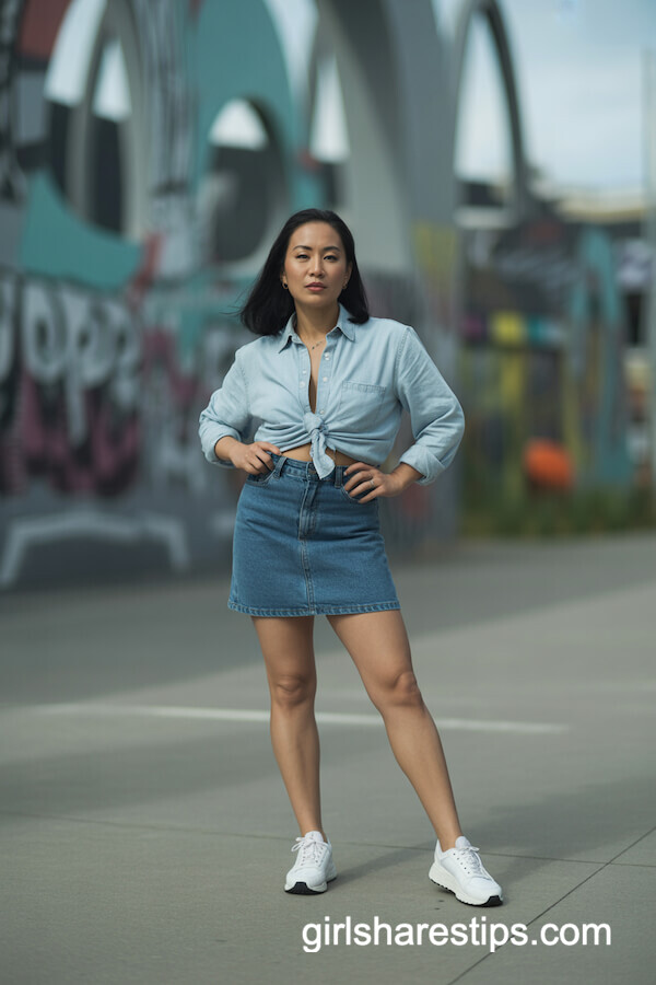 Chambray Shirt with Medium-Wash Mini Skirt