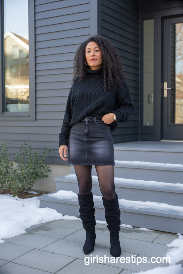 Chunky Turtleneck with Dark Mini Skirt