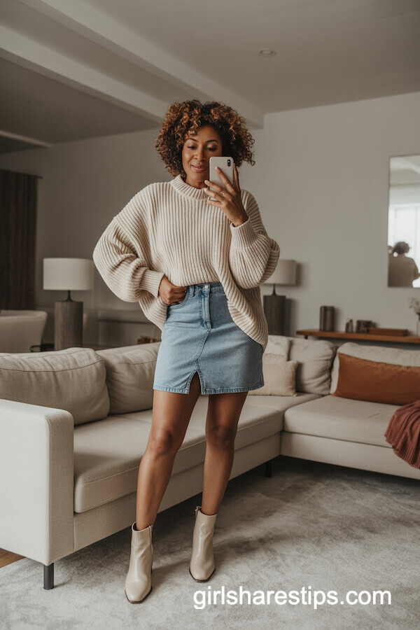 Chunky Sweater with Light-Wash Mini Skirt