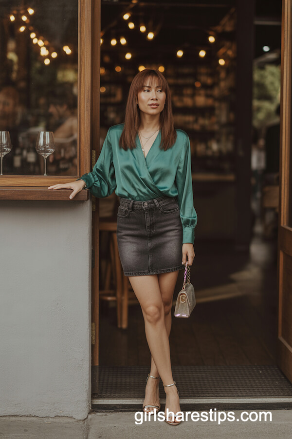 Emerald Wrap Blouse with Mini Skirt