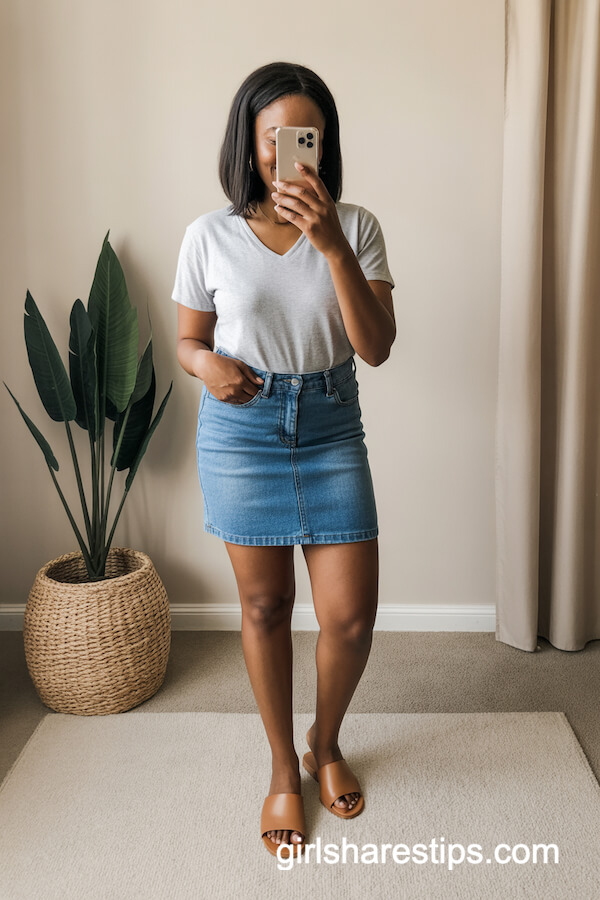 Gray Tee with Medium-Wash Mini Skirt