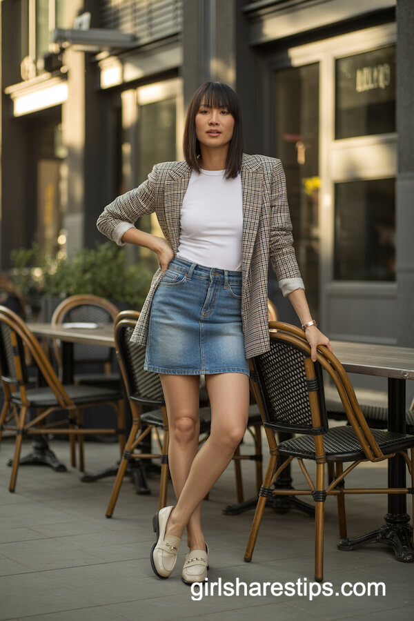 Plaid Blazer with Mid-Wash Mini Skirt