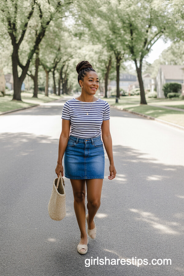 Striped Boatneck with Medium-Wash Mini Skirt