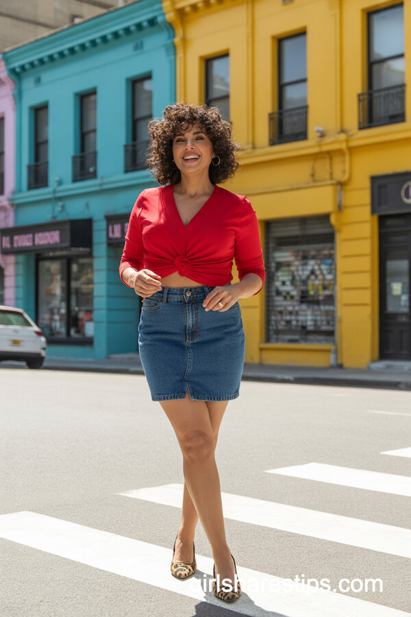 Red Sweater with Blue Mini Skirt