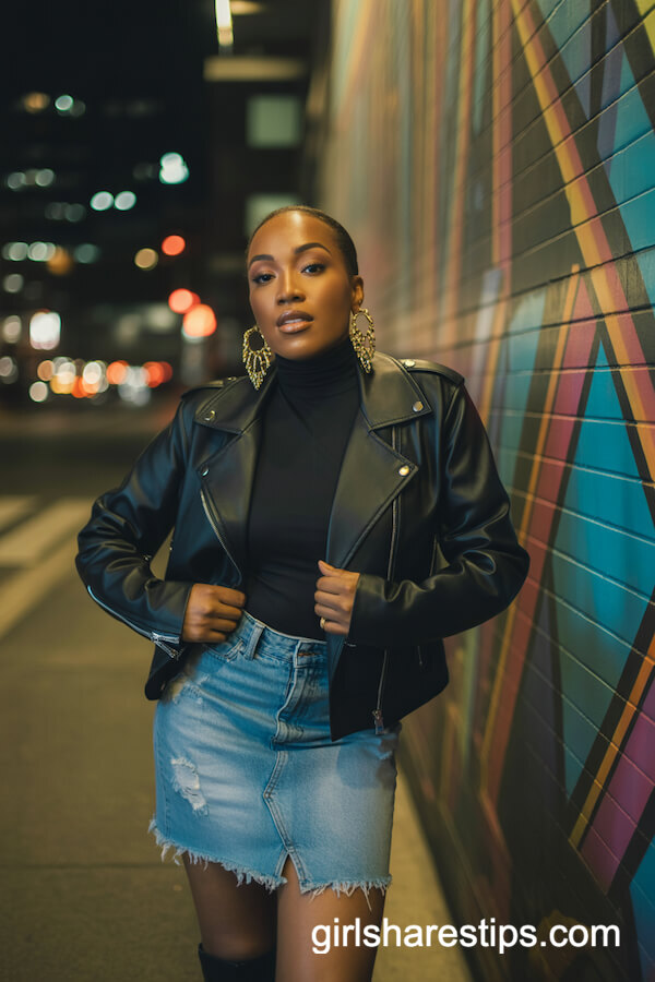 Leather Jacket with Turtle Neck and Frayed-Hem Denim Skirt