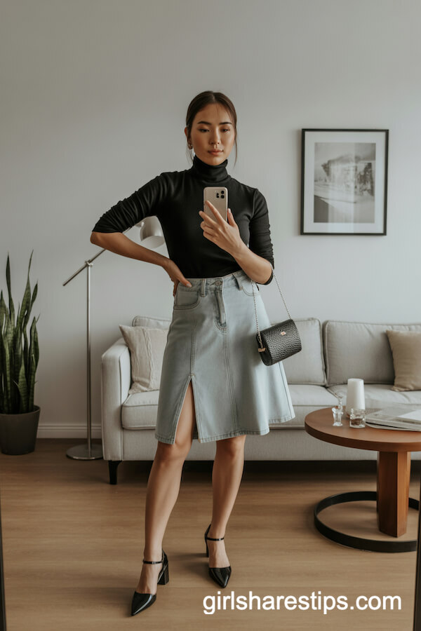 Black Turtleneck with Light Wash A-Line Denim Skirt