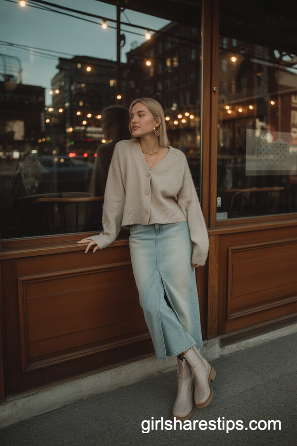 Beige Cardigan with Faded Denim Skirt