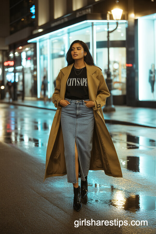 Camel Trench Coat with Straight-Cut Denim Skirt
