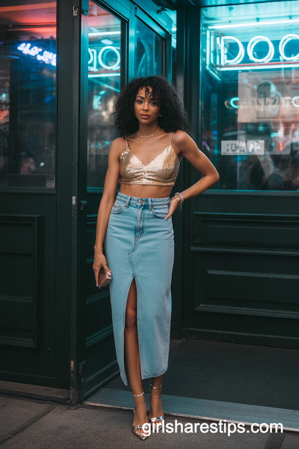 Gold Sequin Crop Top with Side-Slit Denim Skirt