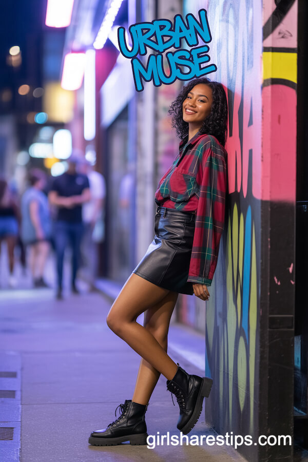 Oversized Plaid Shirt with Black Denim Mini Skirt