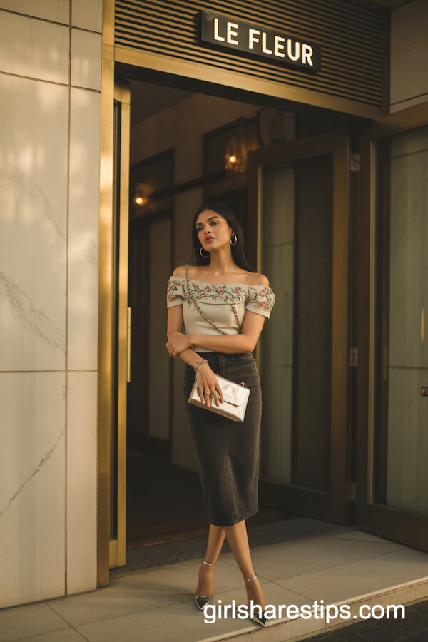 Off-Shoulder Top with Dark Denim Pencil Skirt