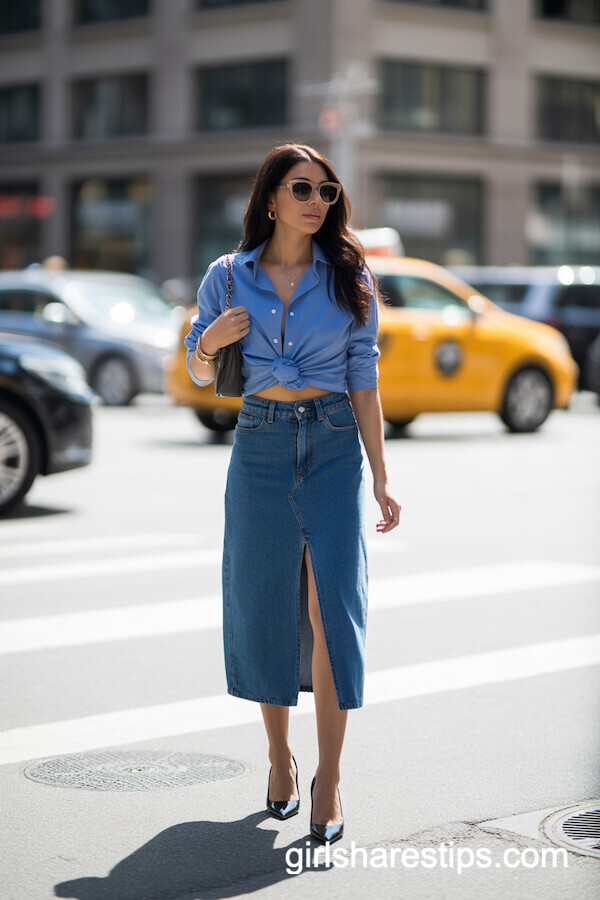 Blue Button-Down Shirt with High-Waisted Denim Midi Skirt