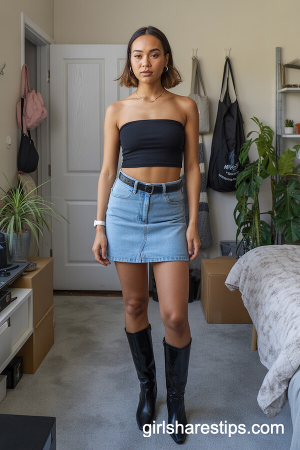 Black Tube Top with Light Blue Denim Mini Skirt