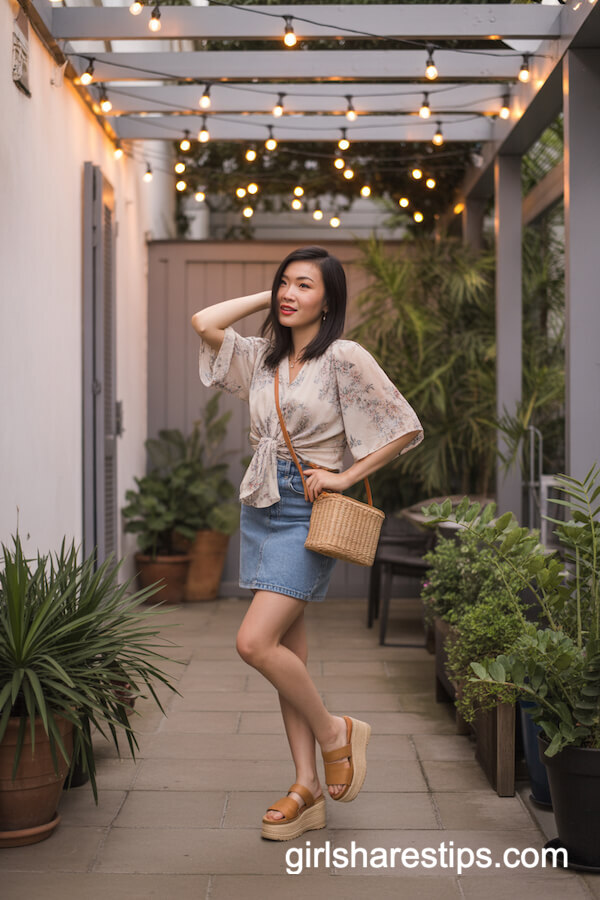 Flowy Blouse and High-Waisted Denim Skirt with Platform Sandals