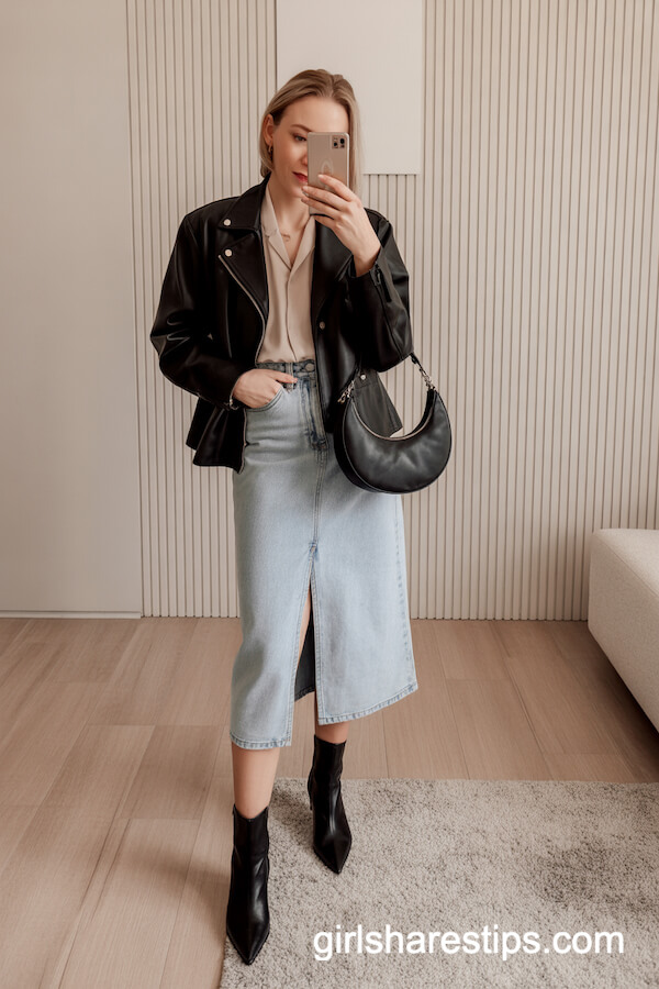 Black Leather Jacket with Cream Blouse and Denim Midi Skirt