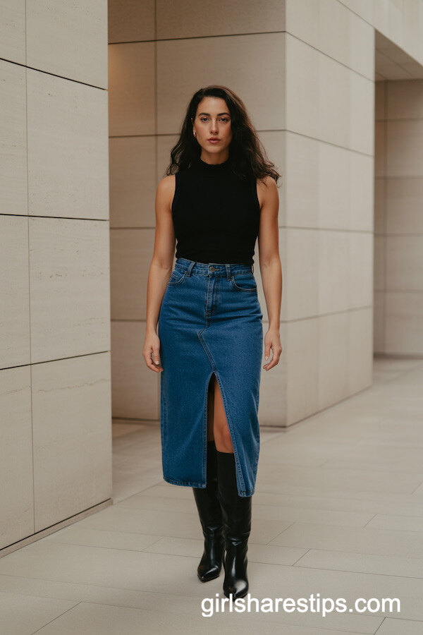 Sleeveless Black High-Neck Top with Blue Denim Midi Skirt