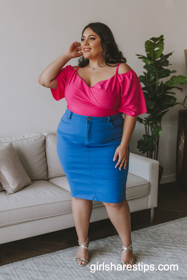 Hot Pink Off-Shoulder Top with Fitted Dark Denim Skirt