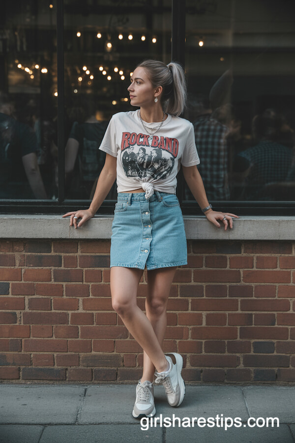 Vintage Rock Band Tee with Button-Front Denim Skirt
