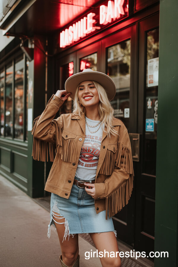 Suede Fringe Jacket and Graphic Tank with Distressed Denim Skirt