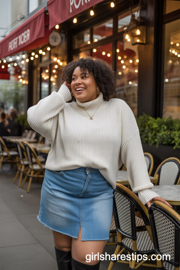 Chunky Knit Sweater with Raw-Edge Denim Mini Skirt