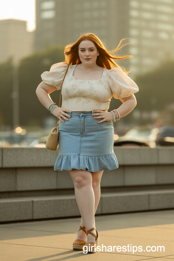 Puff Sleeve Floral Top with Ruffled Hem Denim Skirt
