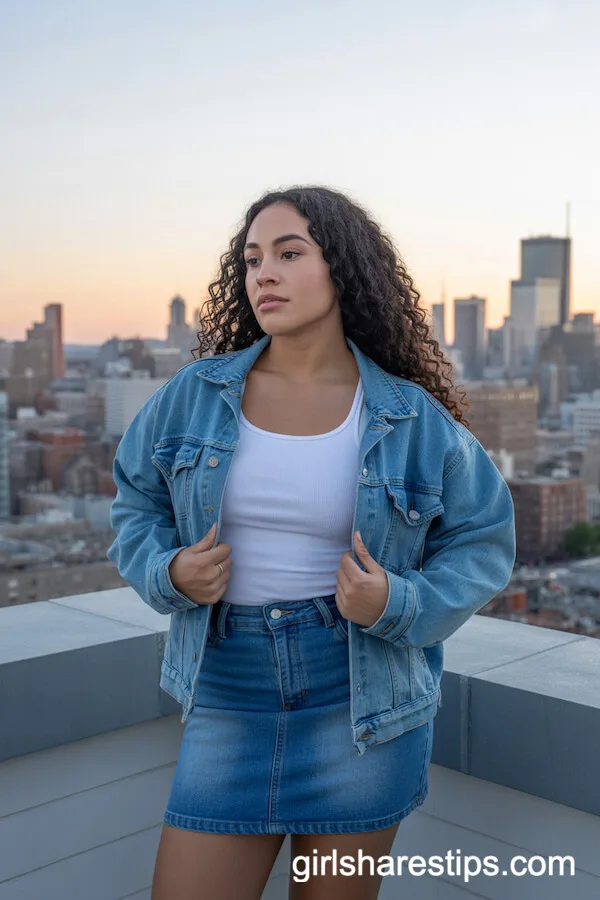 Fitted Denim Jacket Over White Tank With Matching Denim Mini Skirt
