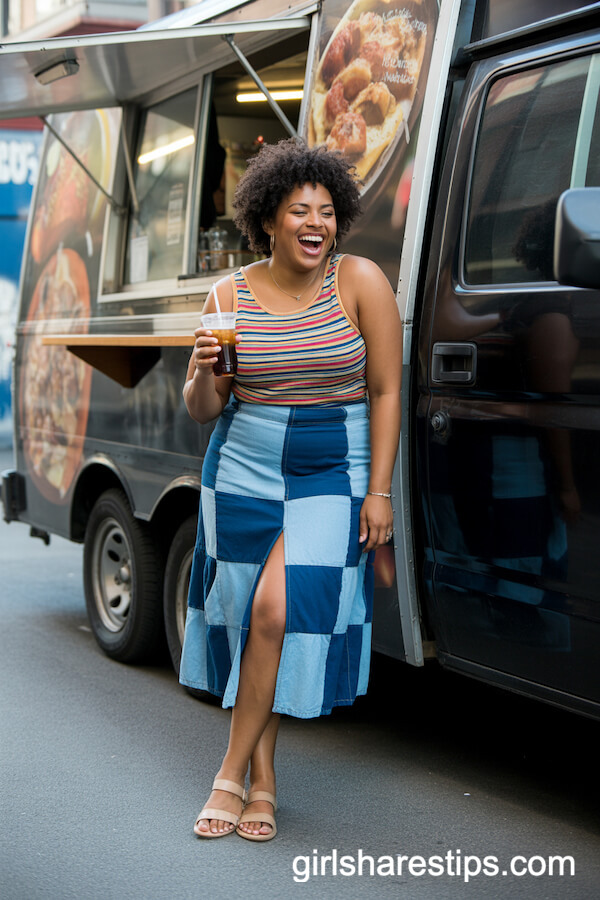 Colorful Striped Tank With Patchwork Denim Skirt and Flat Sandals