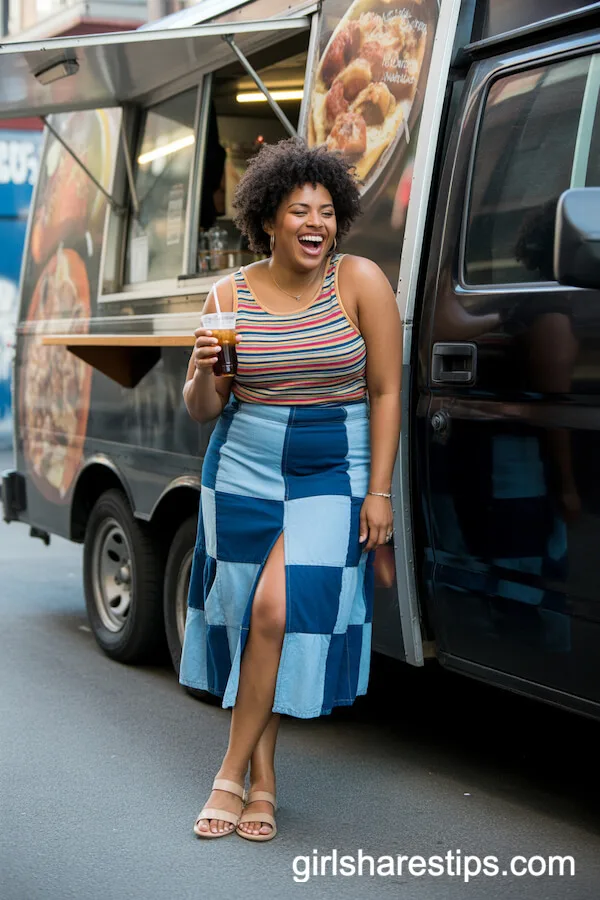 Colorful Striped Tank With Patchwork Denim Skirt and Flat Sandals