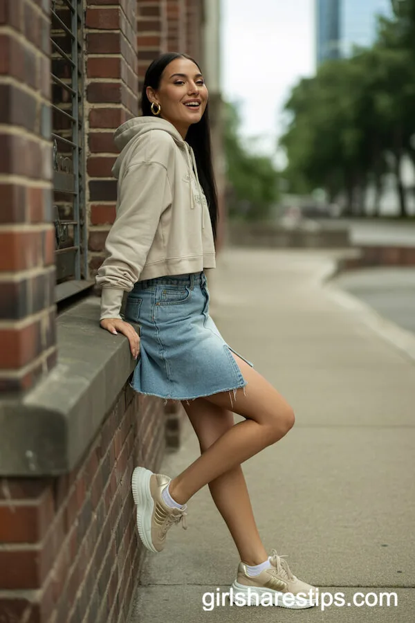 Cropped Beige Hoodie and Faded Denim Mini Skirt With Chunky Sneakers