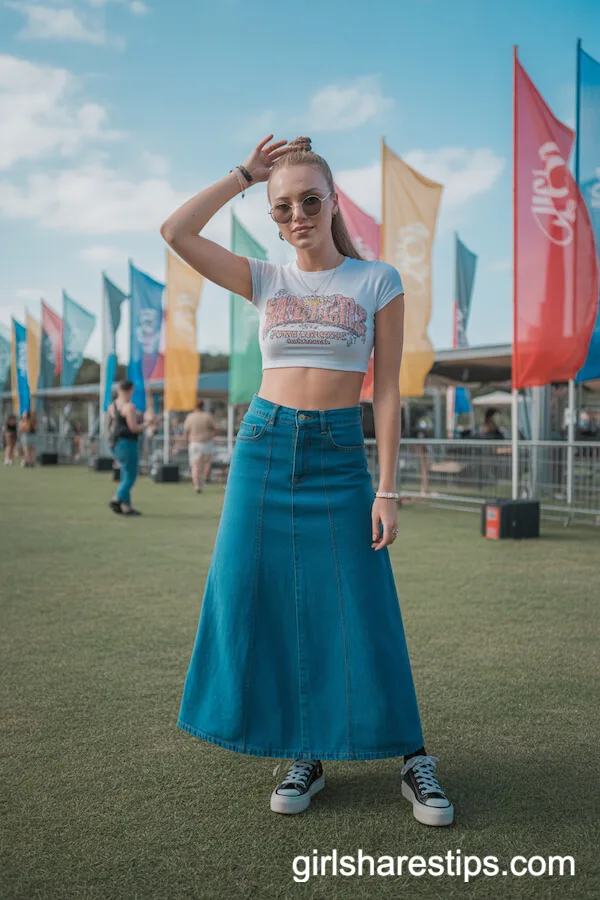 Graphic Crop Top and Long Denim Maxi Skirt With Platform Sneakers
