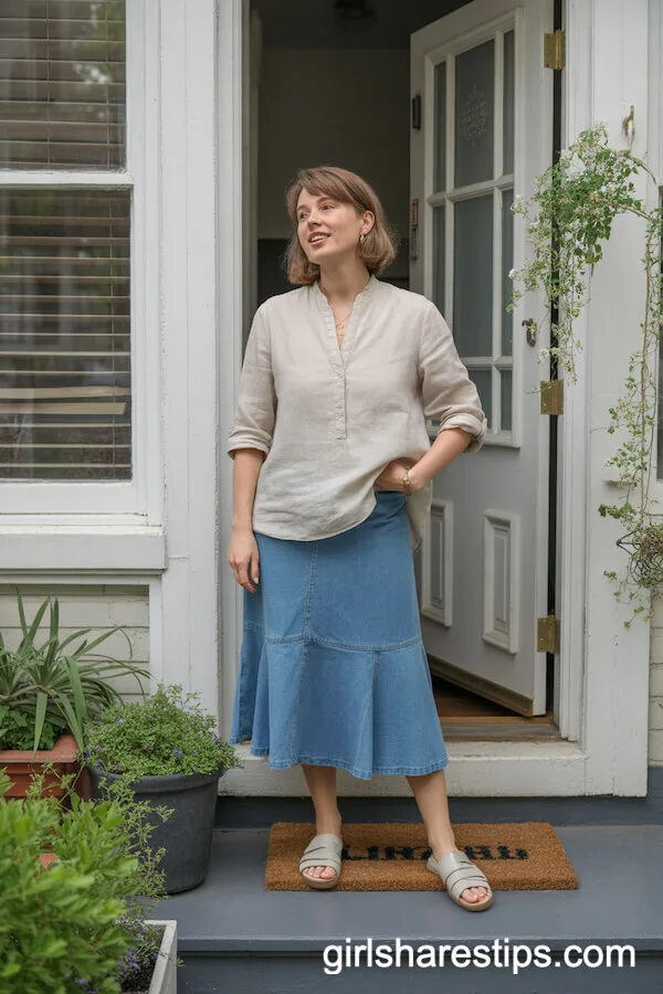 Loose Beige Linen Blouse and A-Line Denim Skirt With Slip-On Sandals
