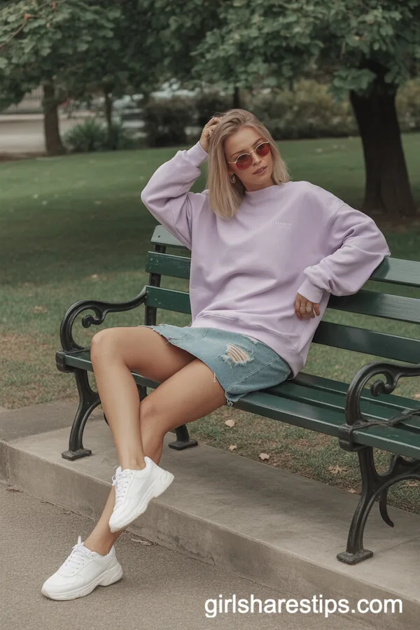 Oversized Pastel Sweatshirt and Distressed Denim Mini Skirt With White Sneakers