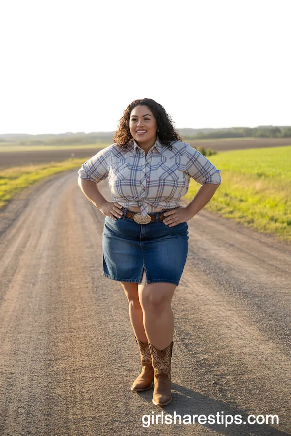 Tucked-In Plaid Shirt and Blue Denim Skirt With Cowboy Boots