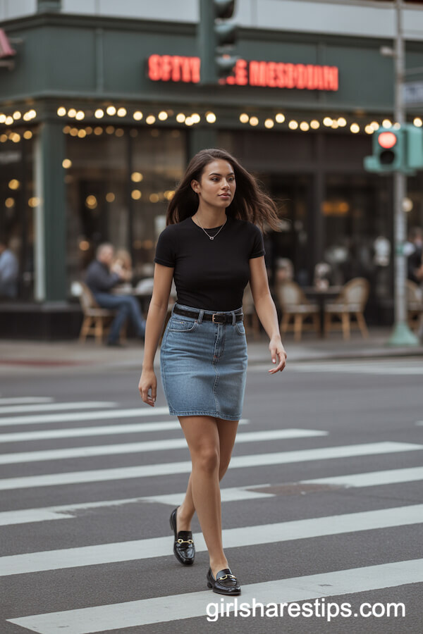 Fitted Black T-Shirt With Belted Denim Skirt and Flat Loafers