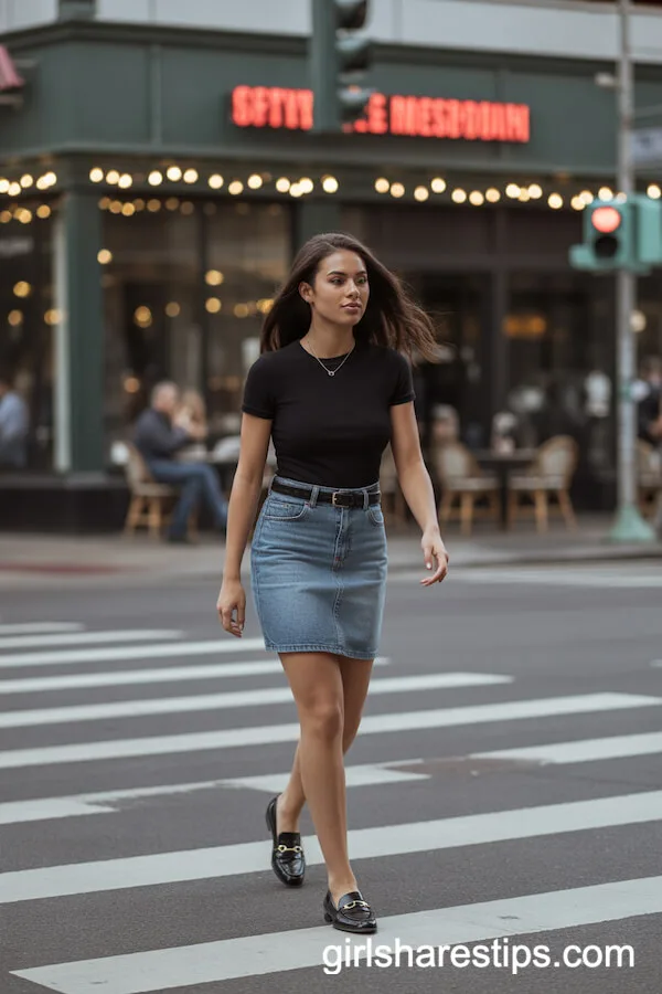 Fitted Black T-Shirt With Belted Denim Skirt and Flat Loafers
