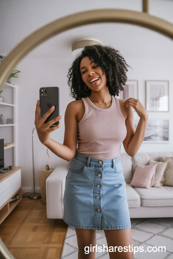 Pastel Ribbed Tank Top Button-Front Denim Skirt