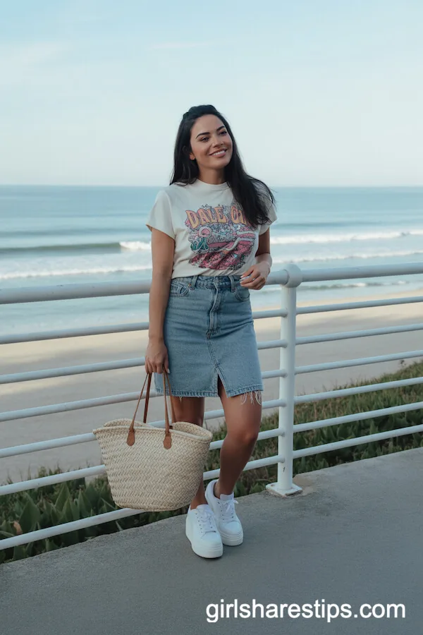 Colorful Graphic Tee High-Waisted Denim Skirt Platform Sneakers